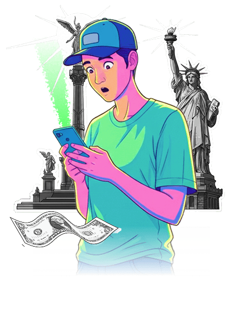 Chico con estatua y pirámides de fondo